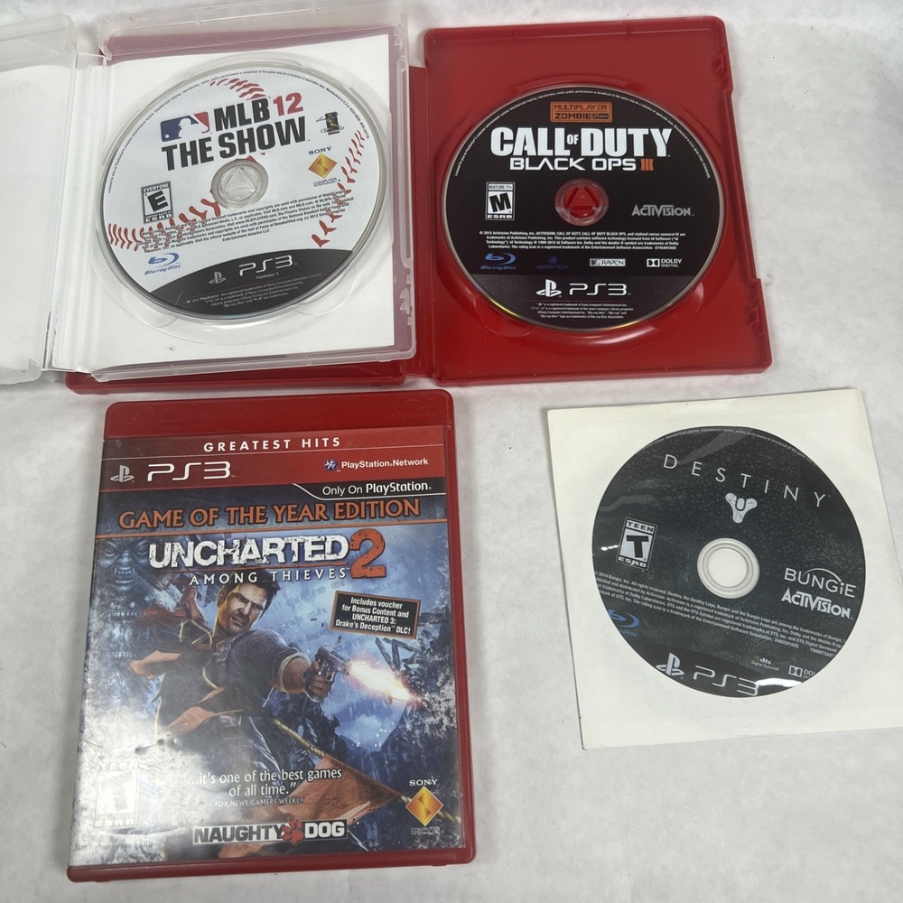 PS3 Games Lot (4). Destiny, COD III, MLB12 The‎ Show, Uncharted 2 Among Thieves.